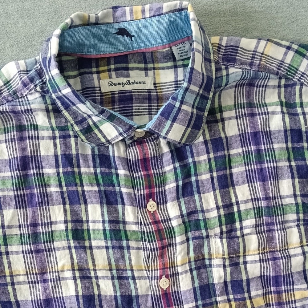 Tommy Bahama Mens XL Plaid Button Down Shirt Long Sleeve Multi-Color Linen Blend